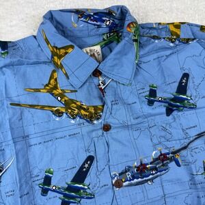 Max Boxxer USA Mens XL WWII Military Aircraft Map Print Button Down Shirt Blue